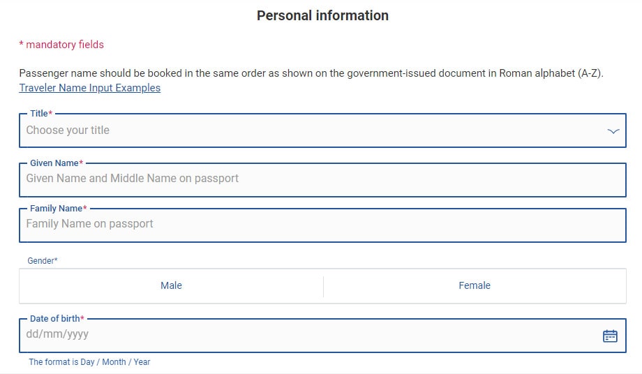 China Airlines. Ввод персональных данных
